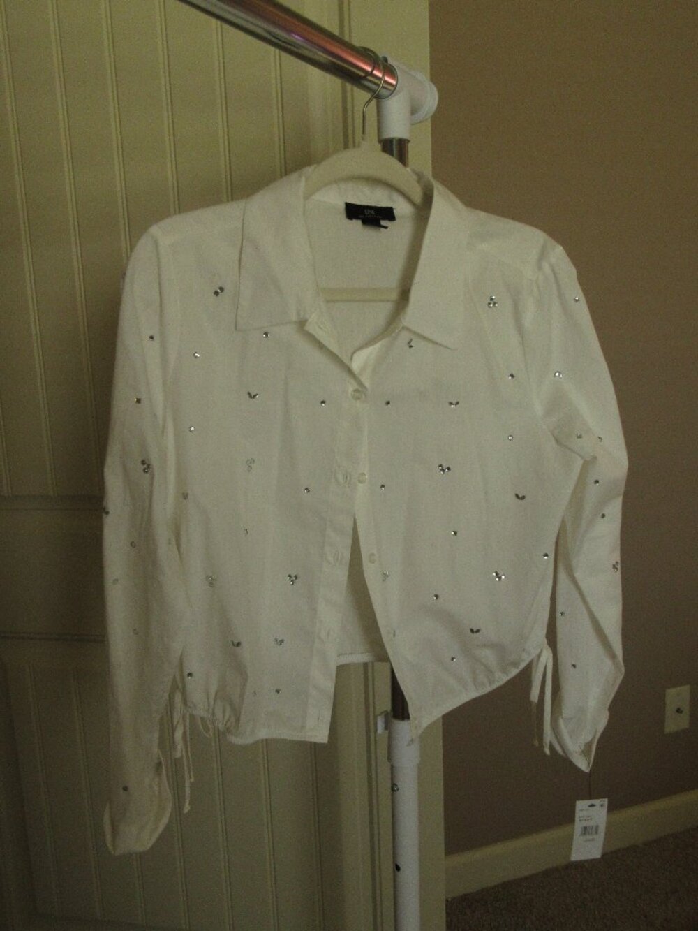 White Button Up Blouse with Rhinestones, Size Large